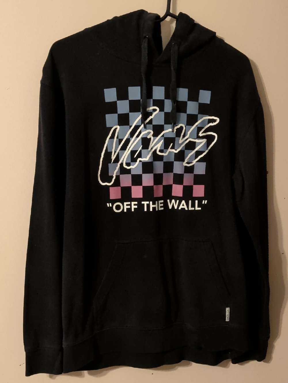 Vans Black Crewneck Hoodie with Blue and Pink Checkerboard Graphic
